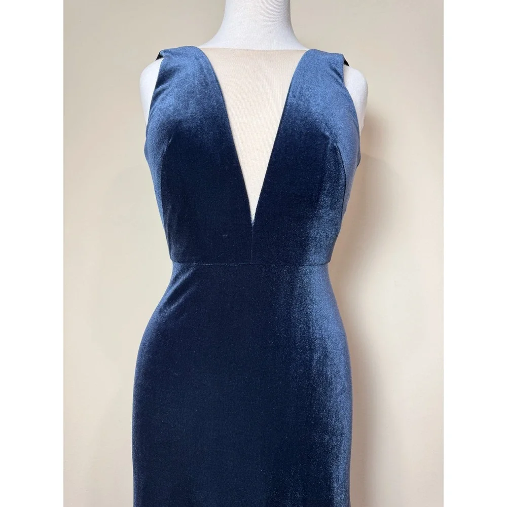 Jenny Yoo Velvet‎ Plunge Gown Womens Sz 0 Navy Blue Formal Maxi Bridesmaid Dress